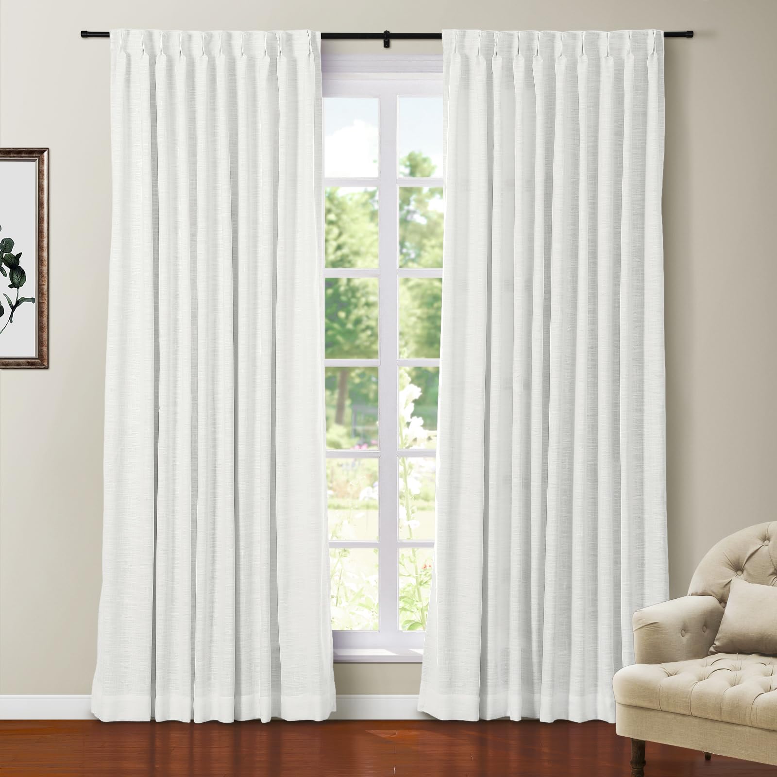 Twopages Faux Linen Curtain 96 Inches Long Blackout Warm White Textured Curtain With Liner For Living Room Thermal Insulated Dra